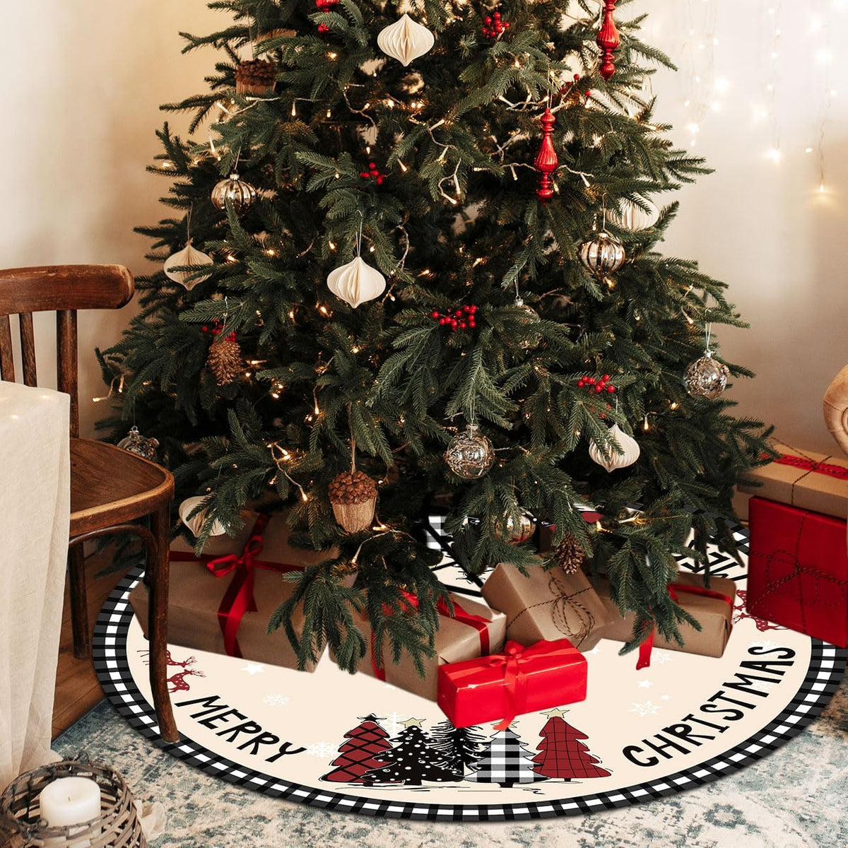 Christmas Tree Skirt 48 Inches Black White Buffalo Plaid Xmas Tree Skirt with Snowflake Merry