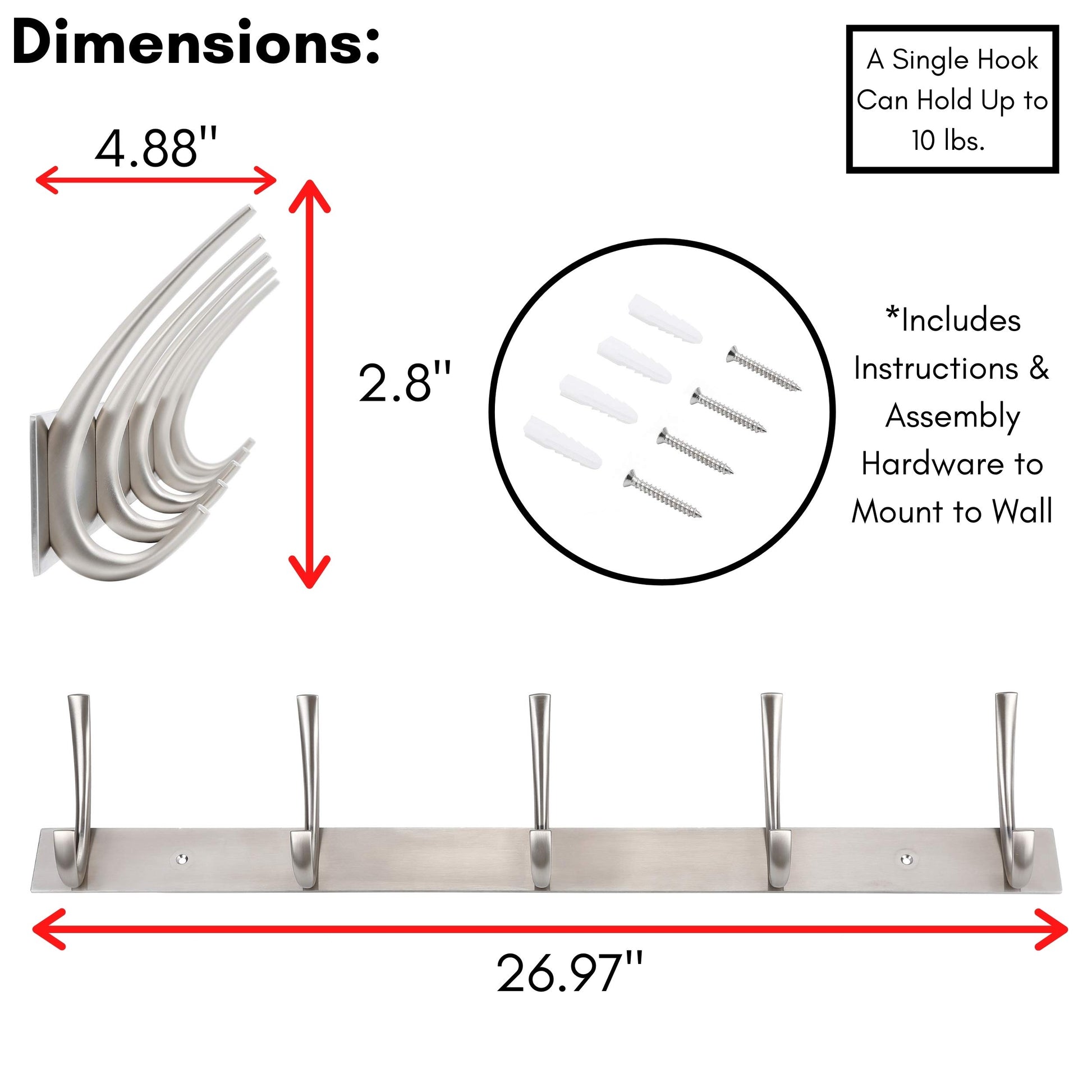 BIRDROCK HOME Premium 5-Hook Stainless Steel Coat and Hat Rack for Wall - Set of 2 - Front Door