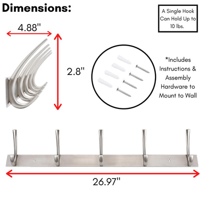 BIRDROCK HOME Premium 5-Hook Stainless Steel Coat and Hat Rack for Wall - Set of 2 - Front Door