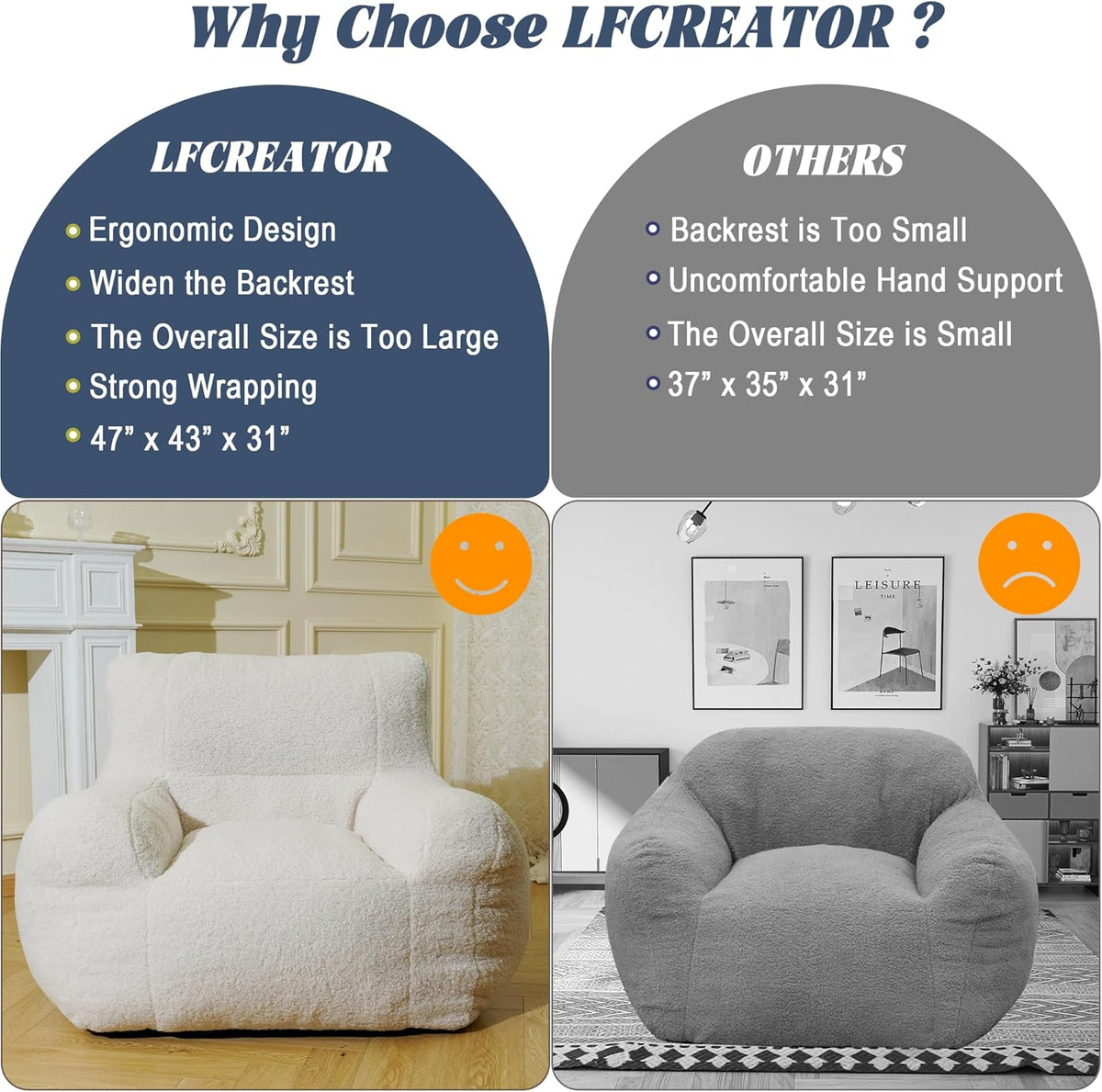 Giant Bean Bag Chair, Lambswool Bean Bag Chair for Adults, Eco-Friendly Filling Soft Bean Bag