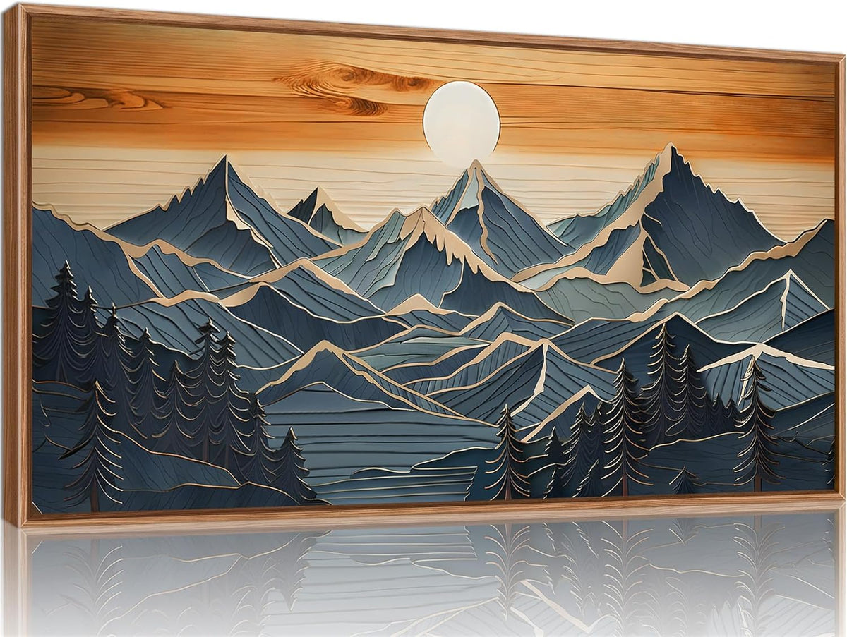Tinonedraw Metal Mountain Framed Canvas Wall Art, Boho Mountains Forest Artworks, Mid Century