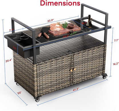 Outdoor Bar Cart with Storage Cabinet, Patio Bar Table with Tempered Glass Tabletop, Outdoor