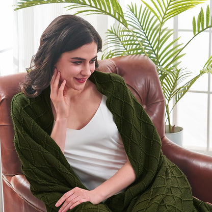inhand Knitted Throw Blankets for Couch and Bed, Soft Cozy Knit Blanket with Tassel, Dark Green
