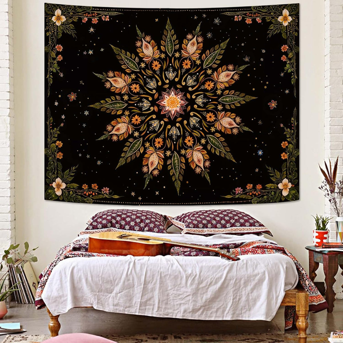 Fowocu Boho Floral Mandala Tapestry for Bedroom Aesthetic Vintage Bohemian Flower Wall Tapestry