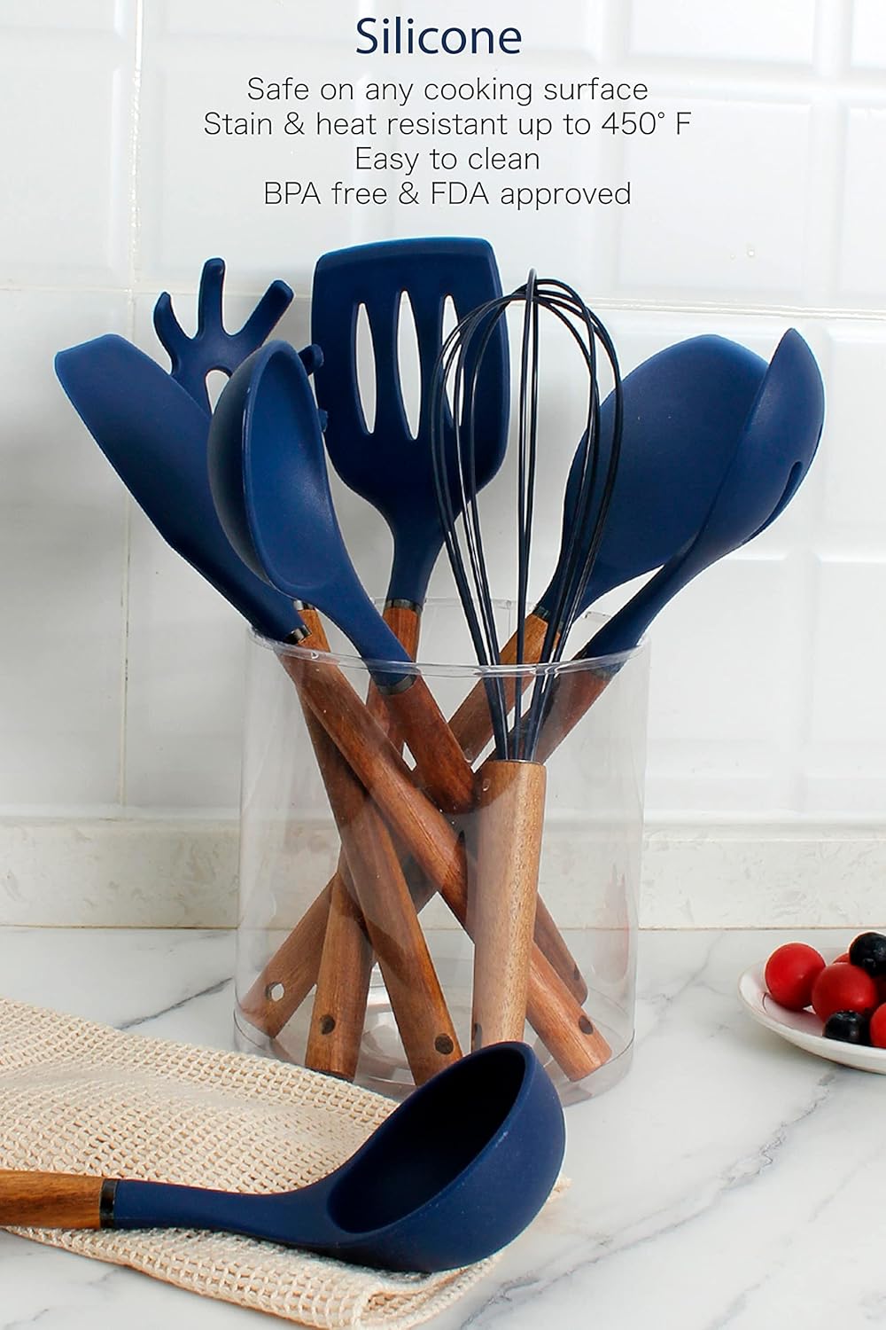 Country Kitchen Non Stick Silicone Utensil Set with Rounded Wood Handles for Cooking and Baking, 8