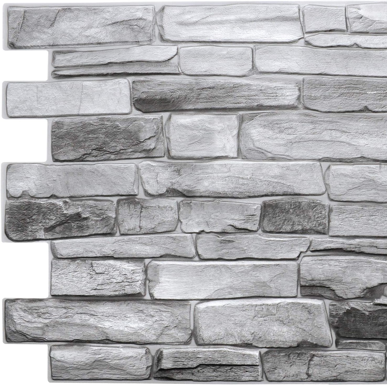 Dundee Deco GRAZPG7117-10 Grey Faux Stone PVC 3D Wall Panel, 3.2 ft X 1.6 ft (98cm X 50cm)