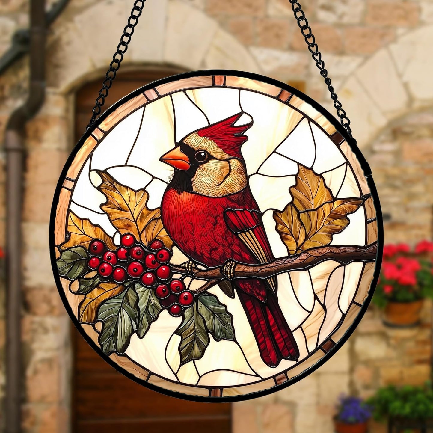 Stained Glass Window Hanging, Birds on a Branch Cardinal Sun Catchers Diamond Glass Panel Hangings
