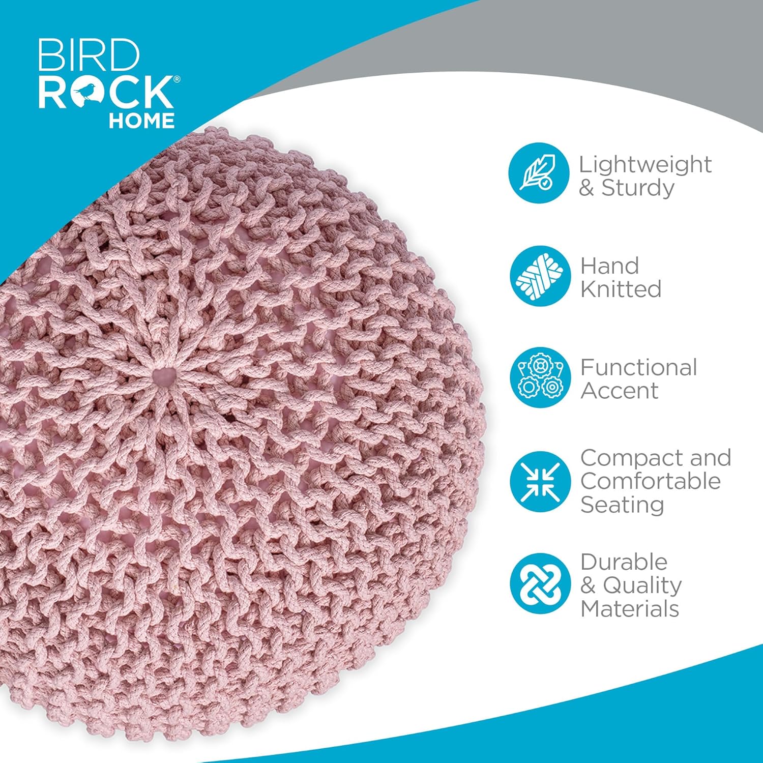 BIRDROCK HOME Round Pouf Ottoman | Cotton Braided Foot Stool with Bean Bag Filling | Boho Foot Rest