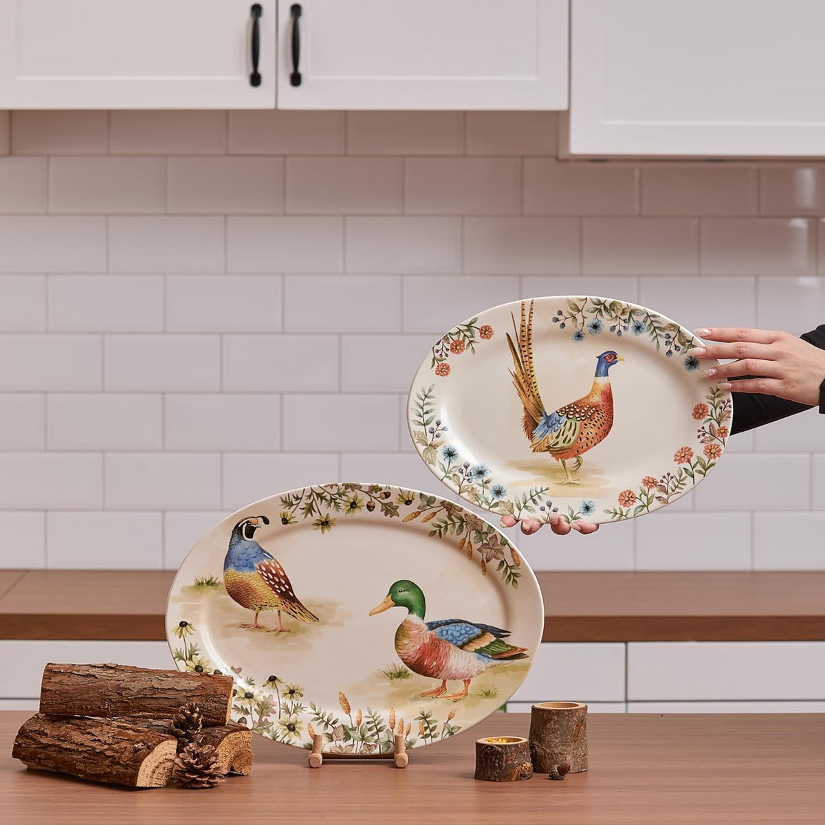 Bico Autumn Birds 16 plus 14 inch Oval Platters Set, Set of 2, Microwave and Dishwasher Safe, for
