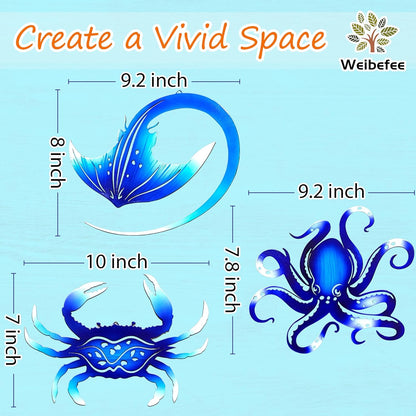 Weibefee Metal Wall Art Decor Octopus Crab Manta Ray Coastal Nautical Ocean Decor Concise 9'' Set