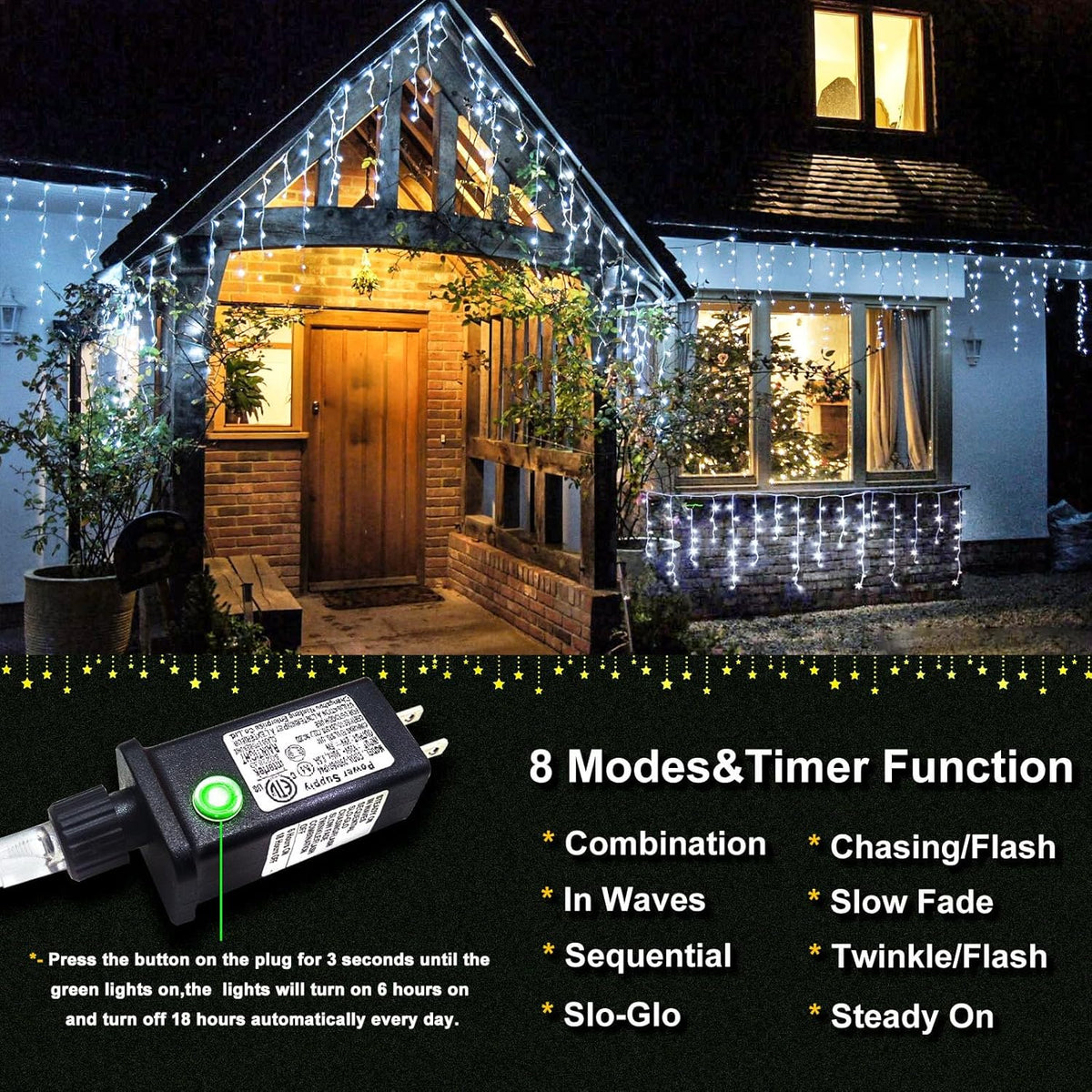 99ft 1216 LED Icicle Christmas Lights Outdoor - 8 Modes Icicle Lights with 228 Drops, Waterproof