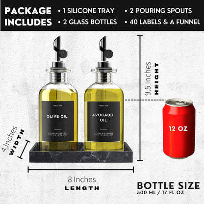 Olive Oil Dispenser Set With Silicone Tray & 40 Labels - 2 Black Bottles (500ml / 17oz) for