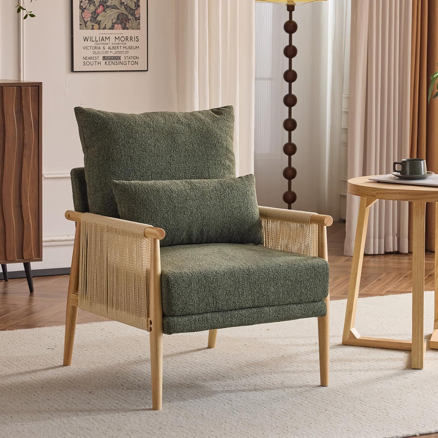 VINGLI Boho Braid Accent Armchair,Mid-Century Modern Chiar with Solid Wooden Armrest,Comfy Louge