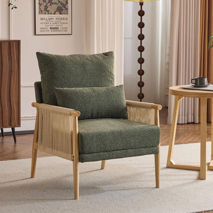 VINGLI Boho Braid Accent Armchair,Mid-Century Modern Chiar with Solid Wooden Armrest,Comfy Louge
