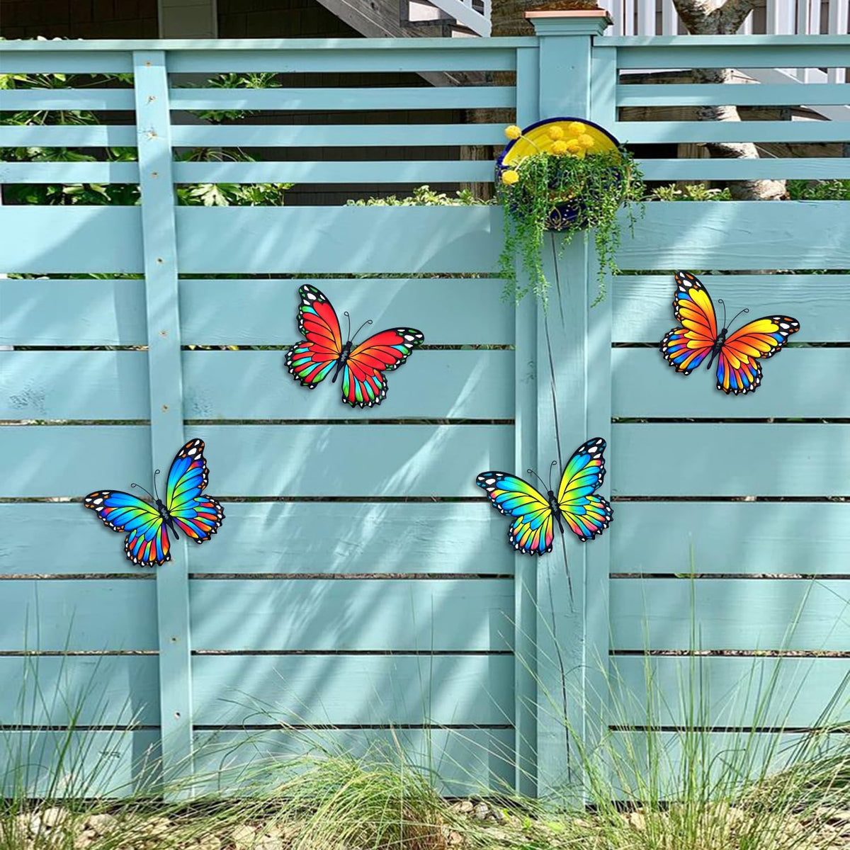 Oraytteo Metal Butterfly Outdoor Wall Decor - 4 Pack 9.8in Metal Butterflies Fence Art Decoration