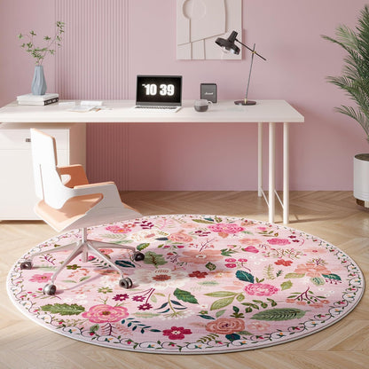 Round Rug 4ft Washable Circle Rug Non Slip Low Pile Boho Floral Small Circular Rug for Bedroom