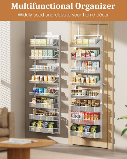 Over the Door Pantry Organizer 8-Tier, Large Metal Door Spice Rack with Adjustable Basket, 2 in 1