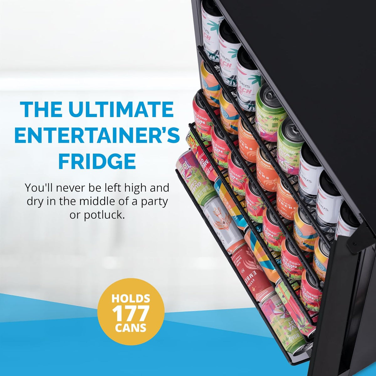 Newair 24" Beverage Refrigerator 177 Can Capacity, Black Stainless Steel Mini Fridge with Built-in