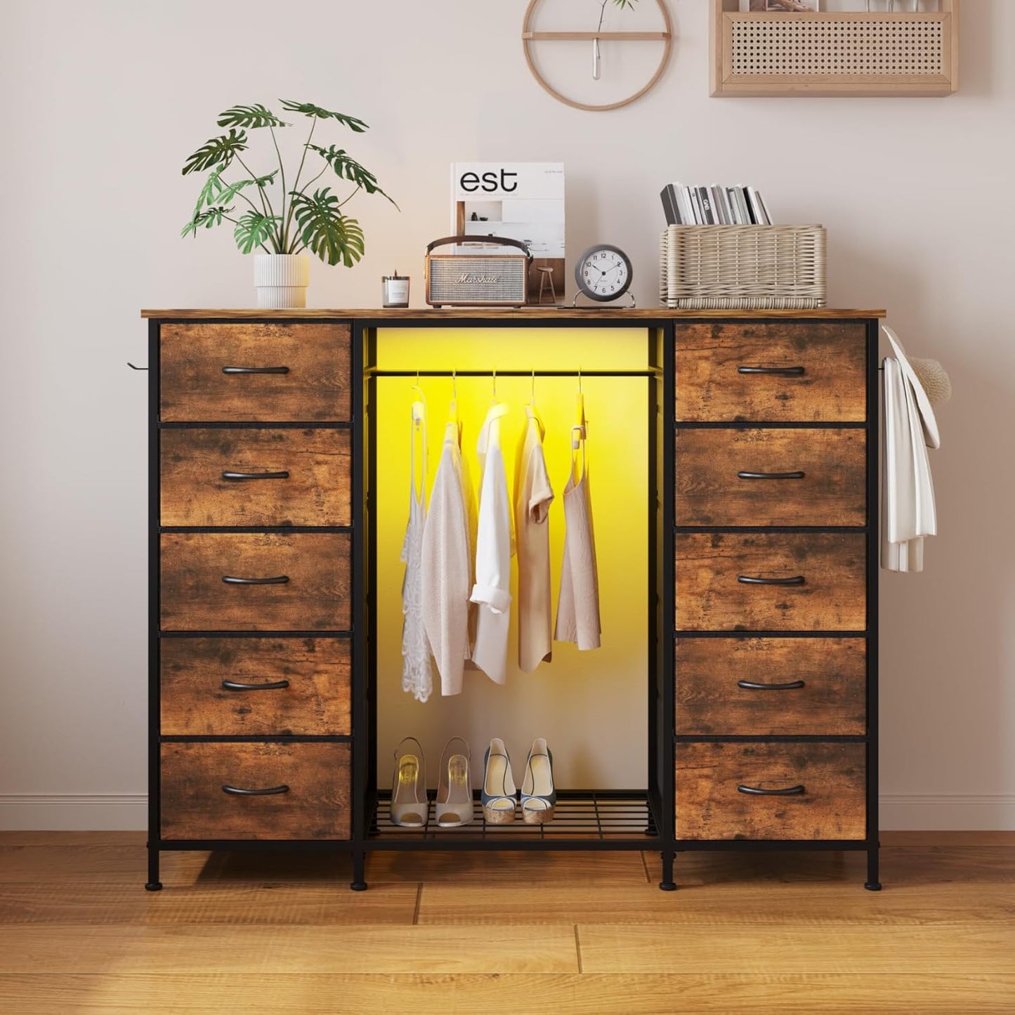 LUMTOK 55W 2-in-1 Dresser with Hanging Rack, 10 Drawers Dresser for Bedroom,Dressers with Fabric