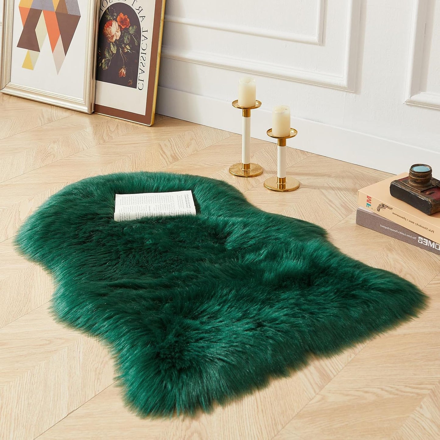 AMTOVO Faux Fur Rug, Dark Green Small Area Rug, Fluffy Sheepskin Rug, Fuzzy Ultra Soft 2 x 3 ft