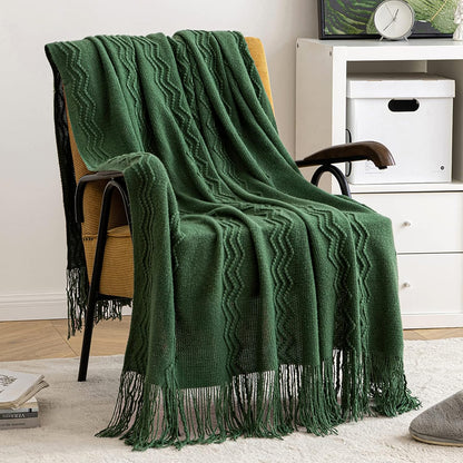 MIULEE Dark Green Knitted Throw Blanket for Couch Boho Textured Cozy Woven Blanket with Tassels for