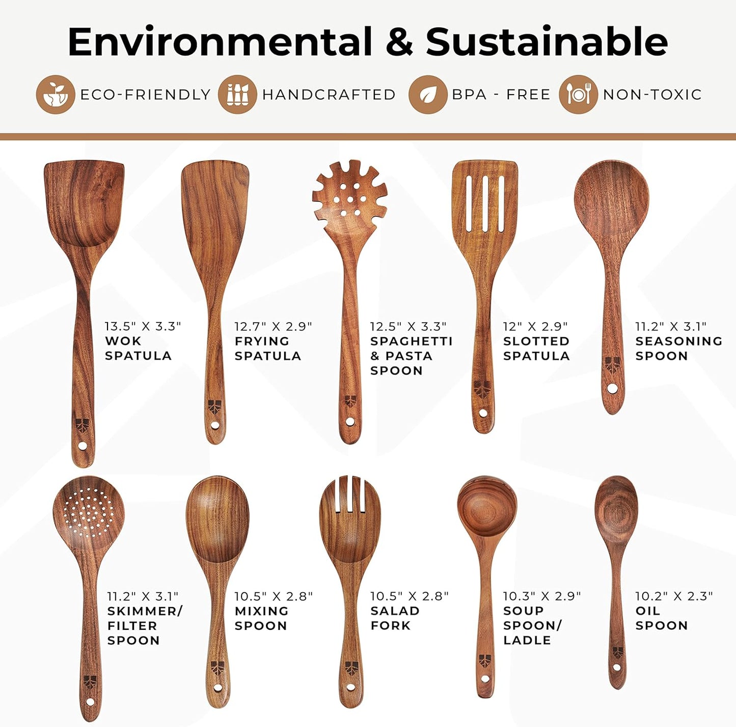 Wooden Spoons for Cooking, 10 Pcs Wooden Cooking Utensils Set – Wooden Utensil Set for Nonstick