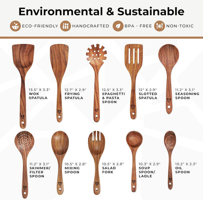 Wooden Spoons for Cooking, 10 Pcs Wooden Cooking Utensils Set – Wooden Utensil Set for Nonstick