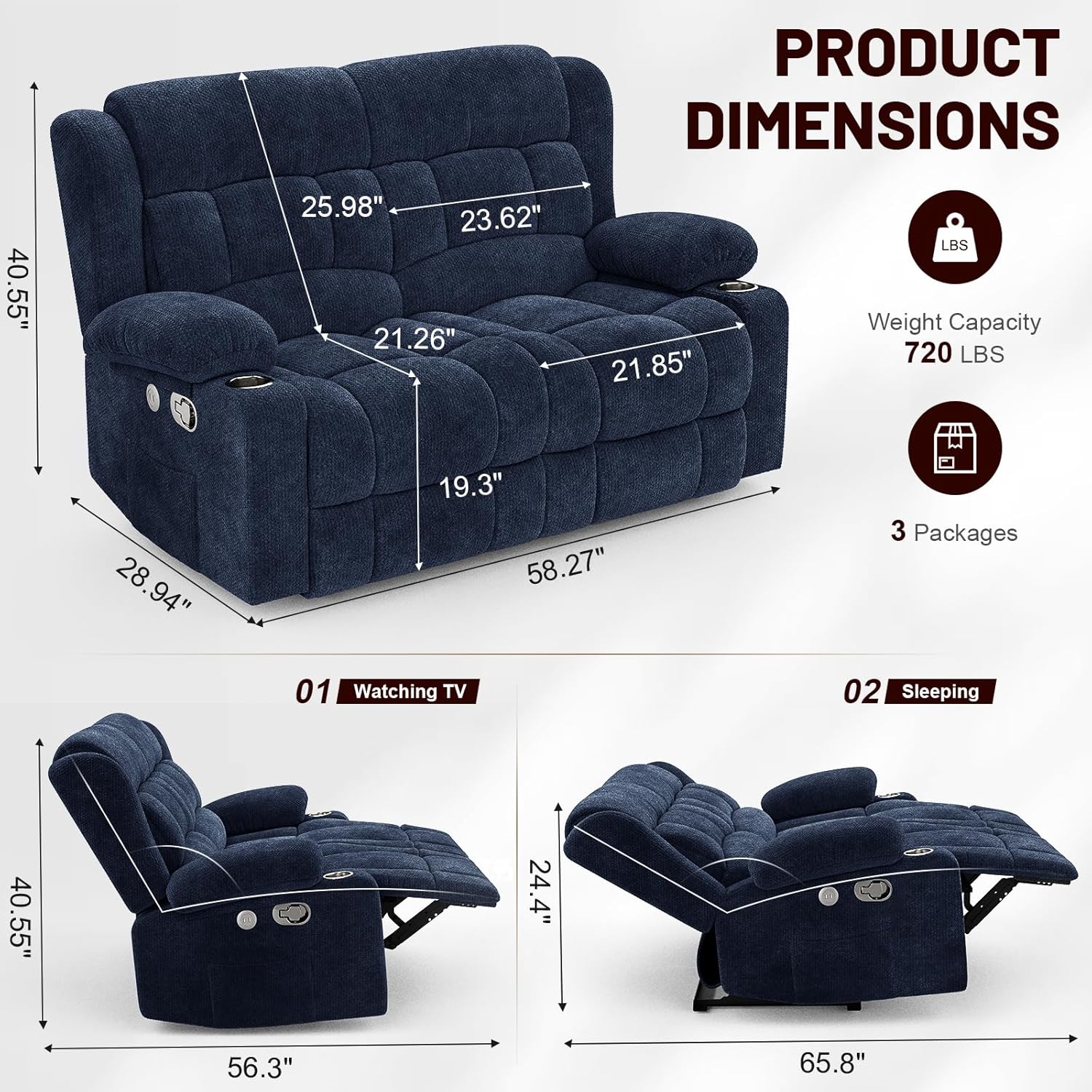 Loveseat Recliner Sofa, 2 Seater Minimalist Style Fabric Manual Pull Tab Reclining Loveseat with