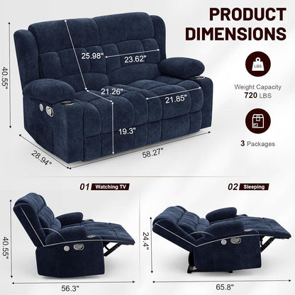 Loveseat Recliner Sofa Set with 2+1 Pieces, 2 Seater Minimalist Style Fabric Manual Pull Tab