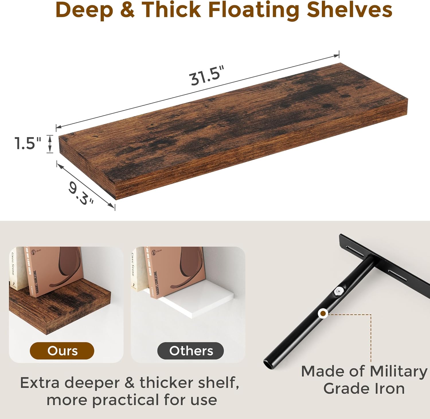 Fun Memories 32 Inch Floating Shelves, Farmhouse Wood Floating Shelf Set of 2, 32 x 9 Floating