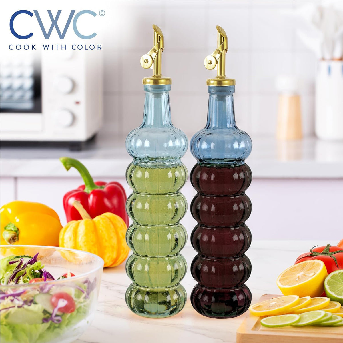 COOK WITH COLOR Glass Olive Oil Bottle Dispenser - 2 Pack- 17oz Oil and Vinegar Cruet - Olive Oil