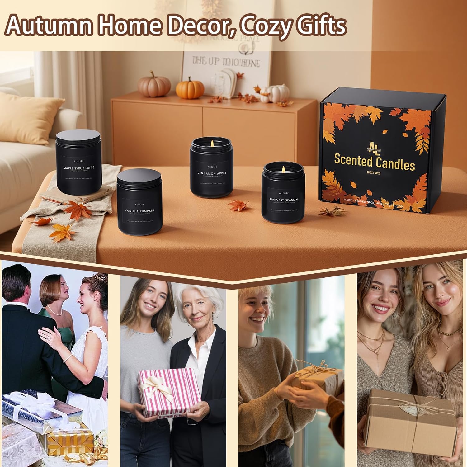 Fall Candle Set | 4 Pack Scented Candles - Autumn Soy Candles for Home Scented, Aromatherapy Gifts
