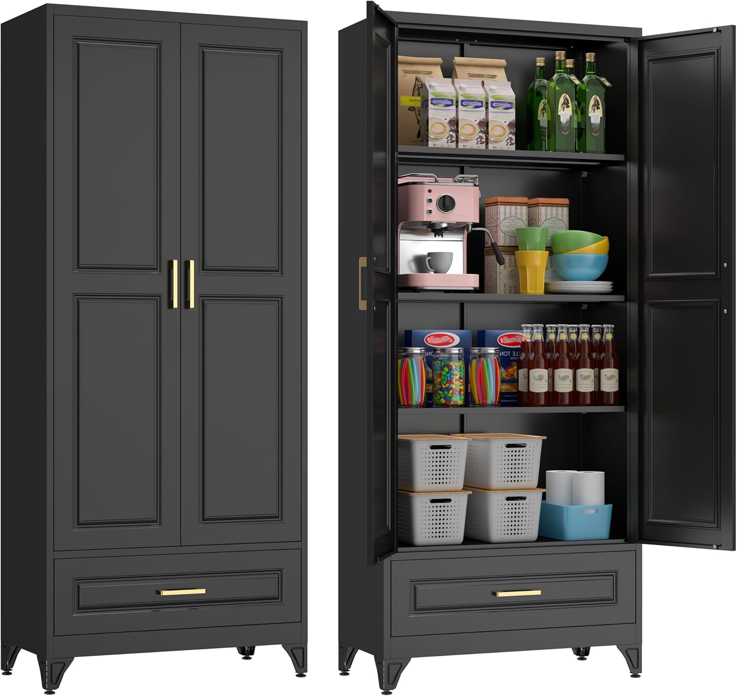 75" Kitchen Pantry Cabinet with Drawer, Metal Storage Cabinets with Doors and Adjustable Shelves
