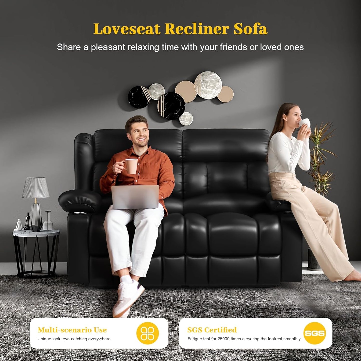 Loveseat Recliner Sofa Set with 2+1+1 Pieces, 2 Seater Minimalist Style Manual Pull Tab Reclining