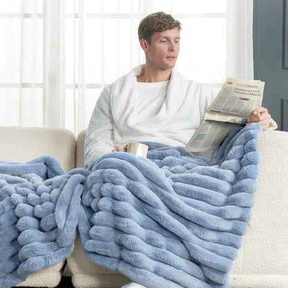Cozy Bliss Faux Fur Throw Blanket for Couch, Cozy Warm Plush Striped Blanket for Sofa Bedroom