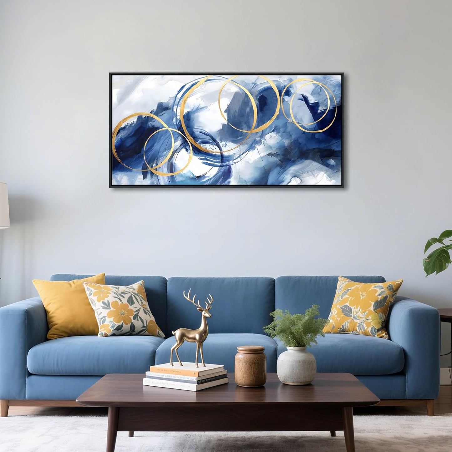 AJAZIKO Blue Abstract Wall Art Modern Navy Blue and Gold Pictures for Living Room Paintings Office