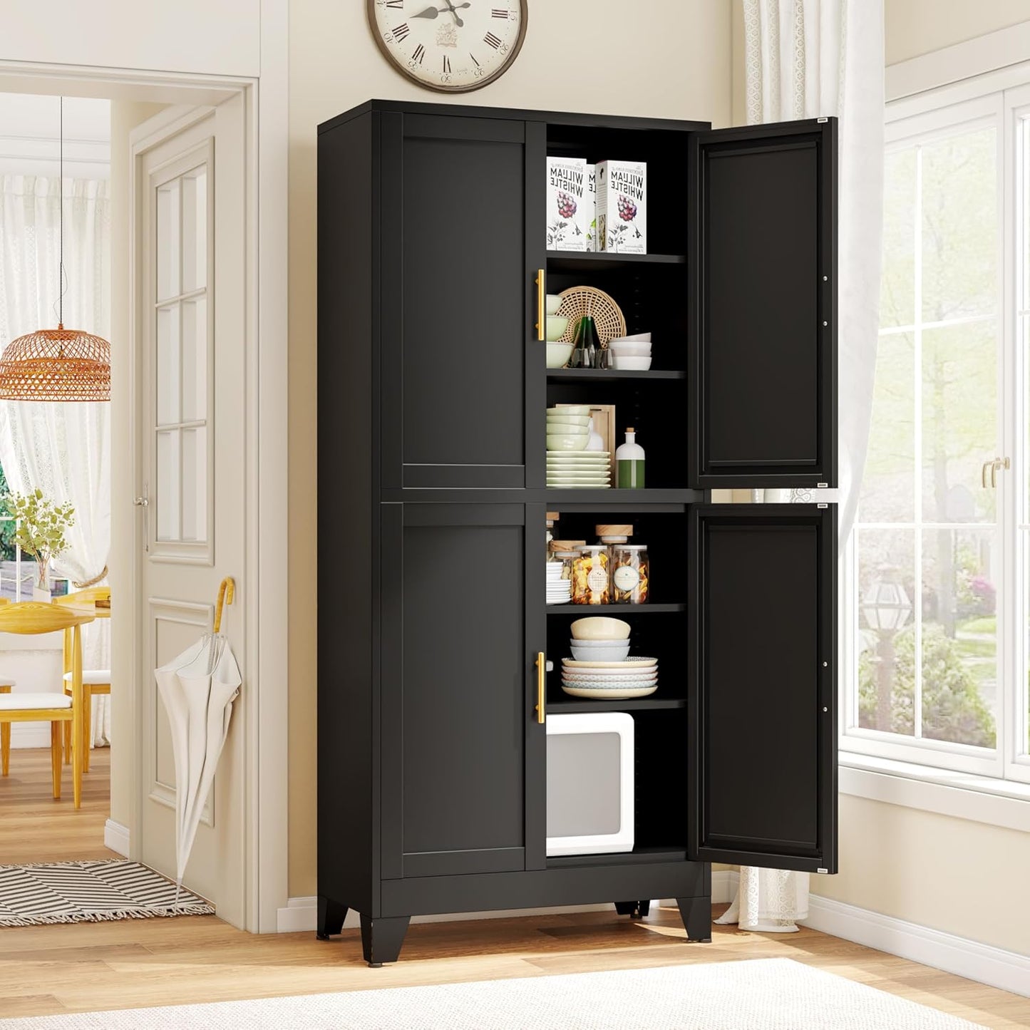 75.2" Tall Metal Pantry Cabinet, Storage Cabinets with 4 Door and 4 Adjustable Shelves, Black