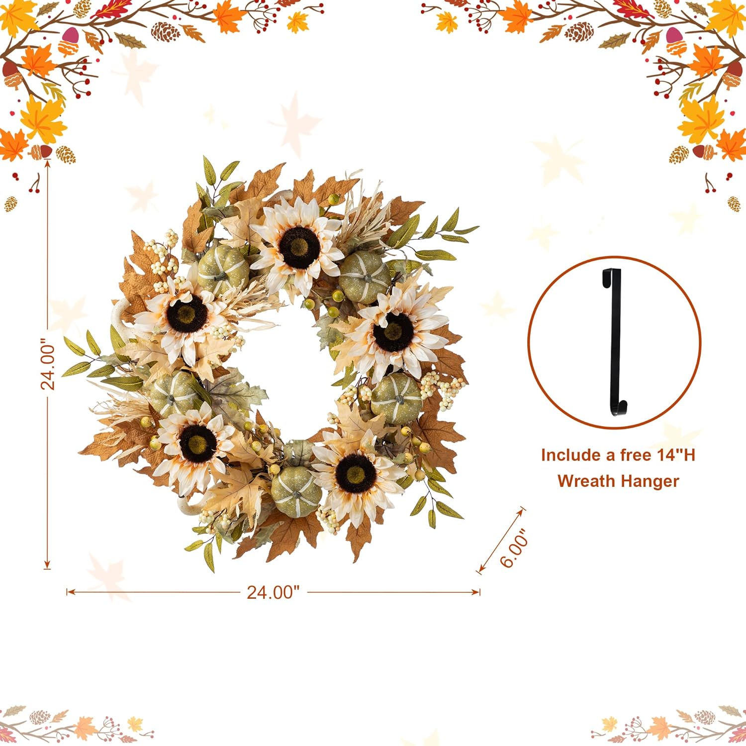 Glitzhome 24''D Artificial Fall Wreath for Front Door, Autumn Wreath with Sunflower, Pumpkin and