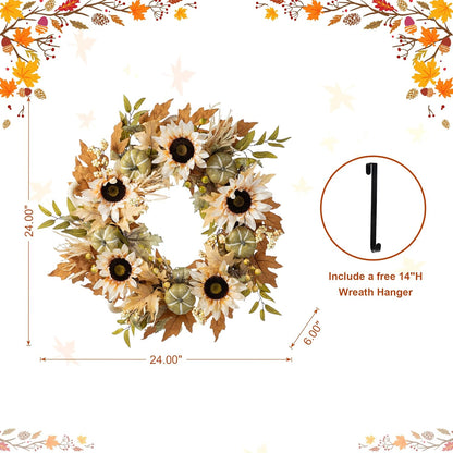 Glitzhome 24''D Artificial Fall Wreath for Front Door, Autumn Wreath with Sunflower, Pumpkin and