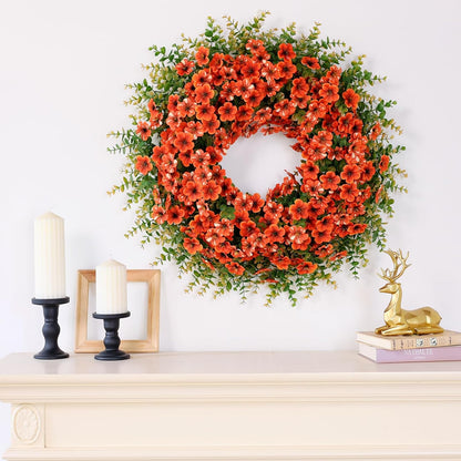 26" Fall Wreath for Front Door, Porch, Window - Large Artificial Boxwood Leaves with Fake Daisy
