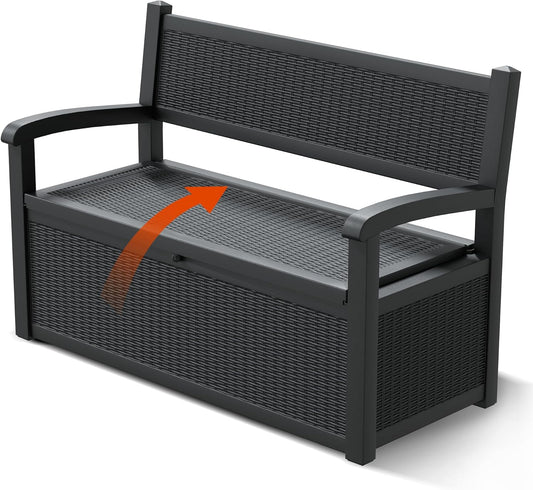 70 Gallon Outdoor Storage Box, Resin Patio Furniture with Armrest, Lockable Deck Box with