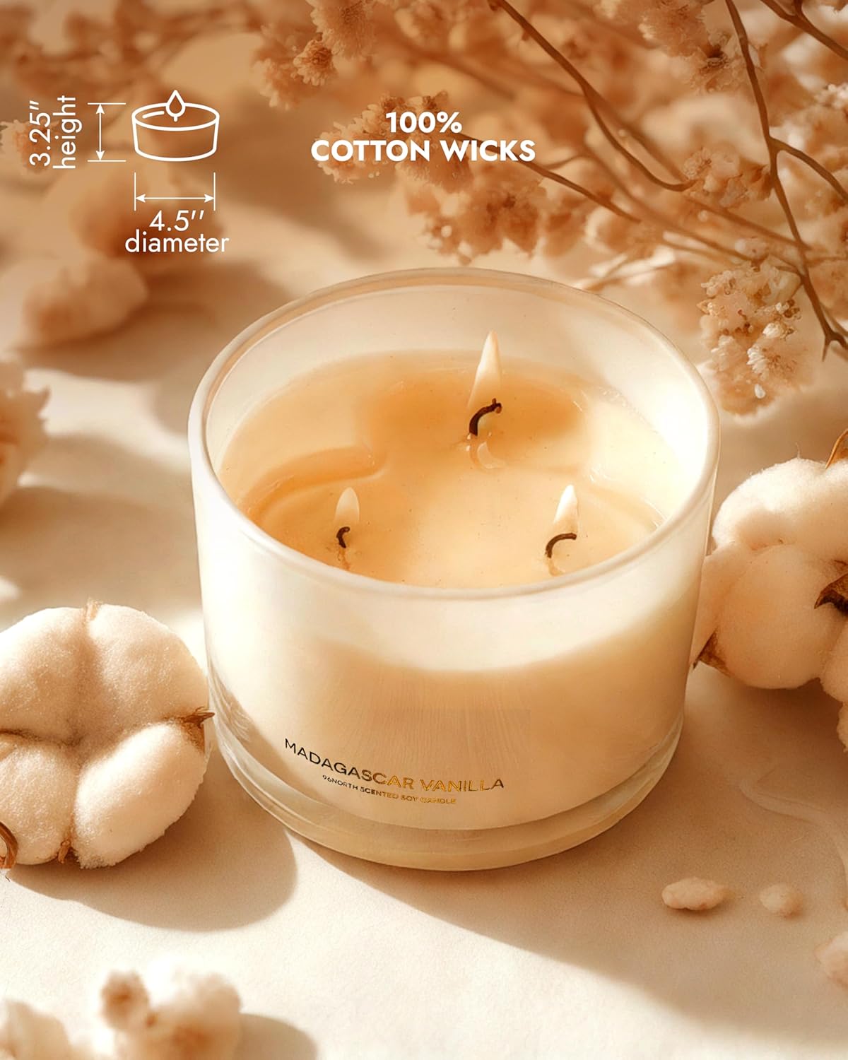 96NORTH Luxury Vanilla Soy Candles | Large 3 Wick Jar Candle | Up to 50 Hours Burning Time | 100%