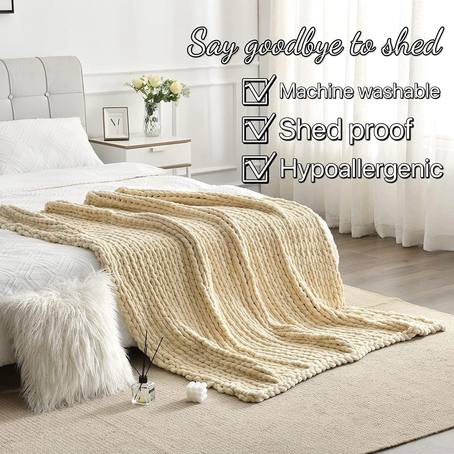 Maetoow Tighter Version Chenille Chunky Knit Blanket Throw （40×50 Inch）, Handmade Warm & Cozy