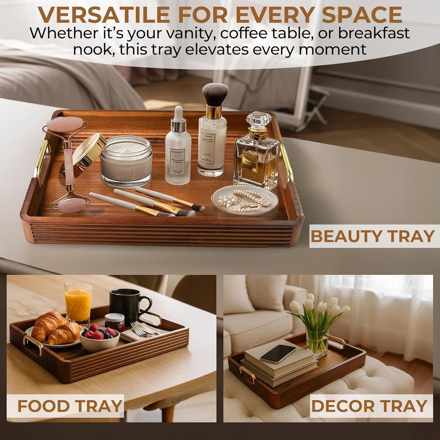 Acacia Wood Serving Tray with Metal Handles – 17x12in Rustic Decorative Ottoman & Coffee Table Tray