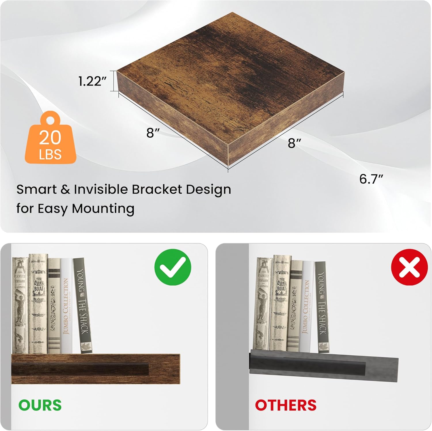 Square Floating Shelves for Wall, 8"W x 8"D x 1.2"H, Small Wooden Wall Mounted Display Shelves with