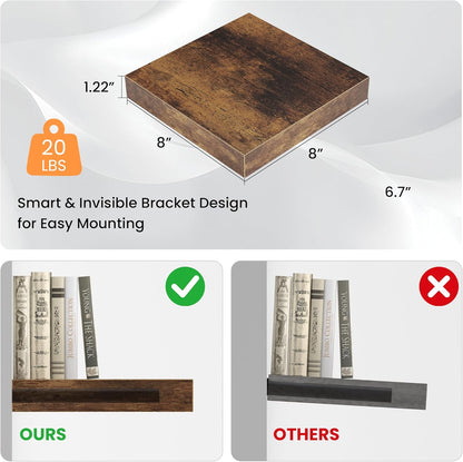 Square Floating Shelves for Wall, 8"W x 8"D x 1.2"H, Small Wooden Wall Mounted Display Shelves with