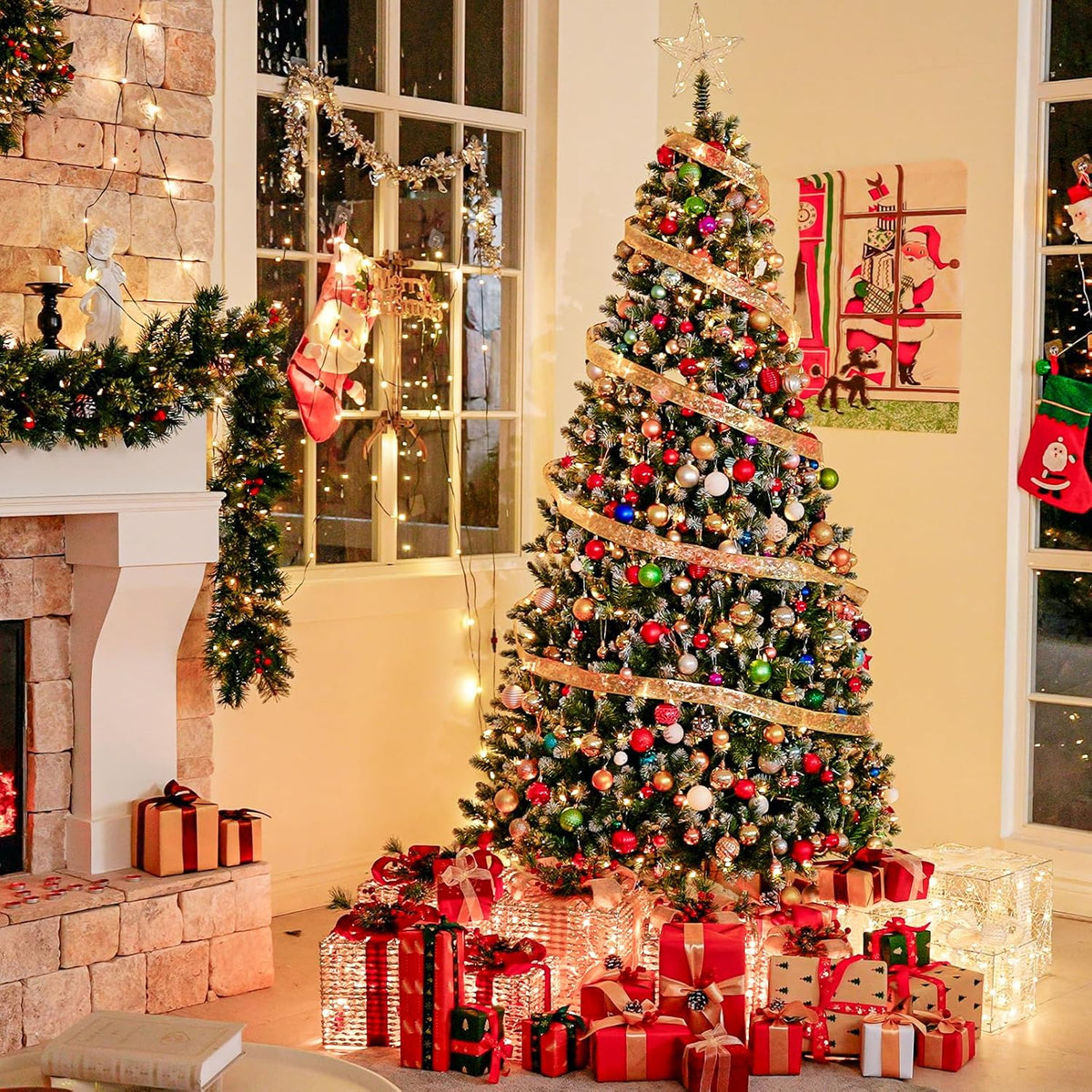 Hykolity 7.5 ft Prelit Christmas Tree, Artificial Christmas Tree with 350 Warm White Lights, 1446