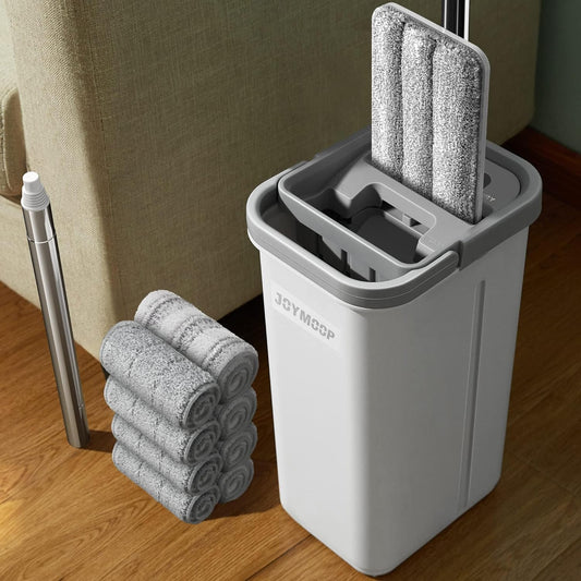 JOYMOOP Mop and Bucket with Wringer Set, Hands Free Flat Floor Mop and Bucket, with 8 Washable
