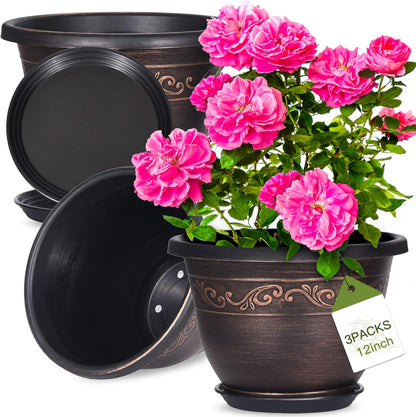 Plastic-Plant-Flower-Planters-12 Inch with Drainage Hole & Saucer, 3 Packs Lightweight Small Resin