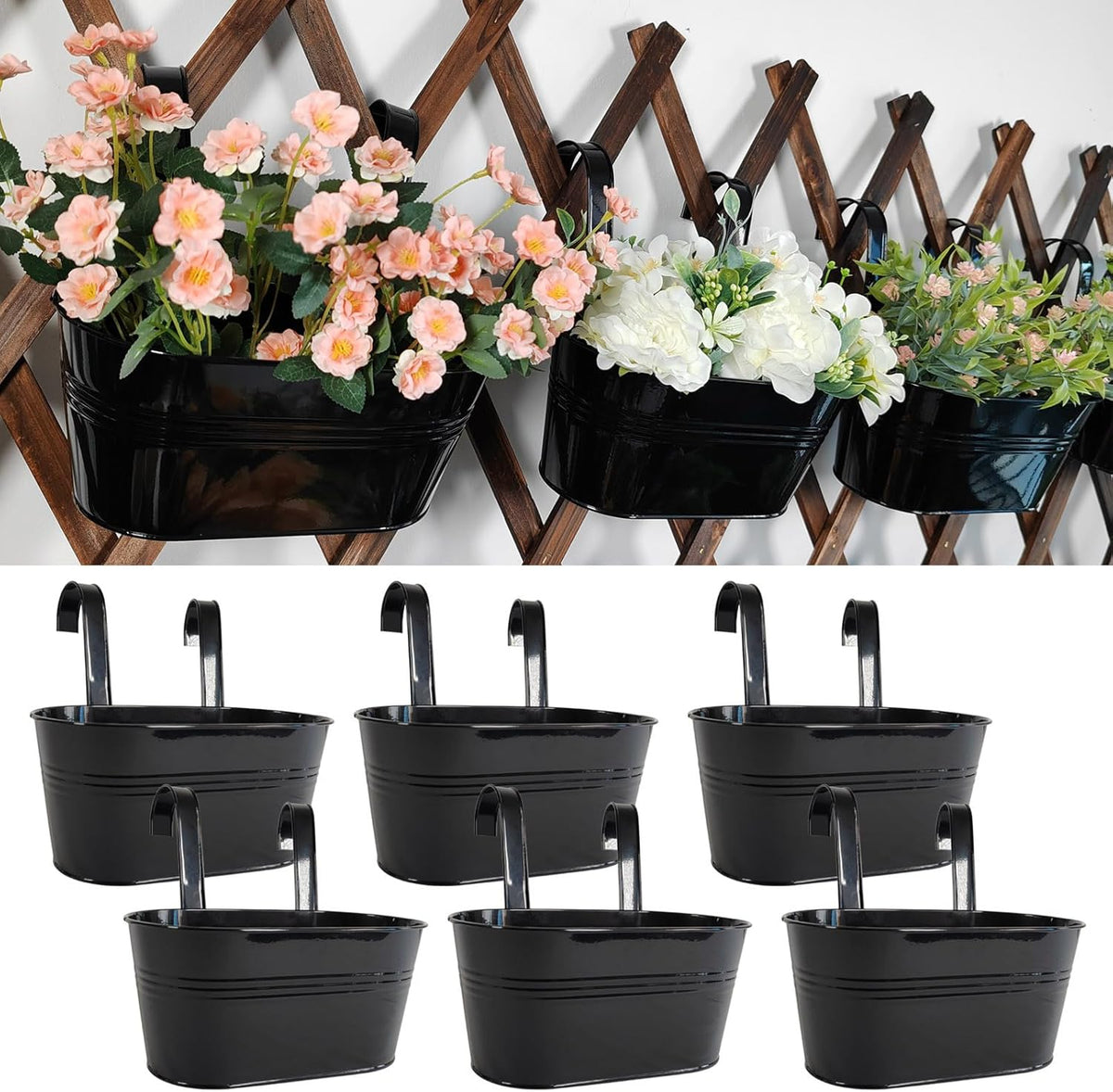 6 Pack Metal Hanging Planter for Outdoor Plants, 10 Inch Black Fence Planters Railing Pots for